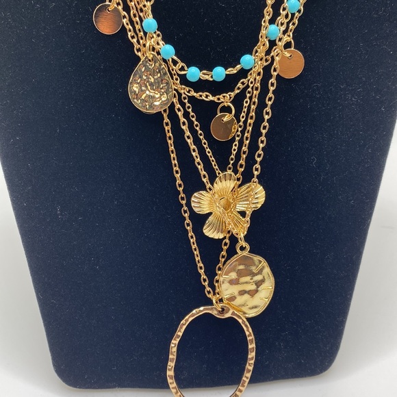 Lady Arya Bohemian Festival Aqua & Gold Floral Necklace Chain Layered Hammered - Picture 5 of 12